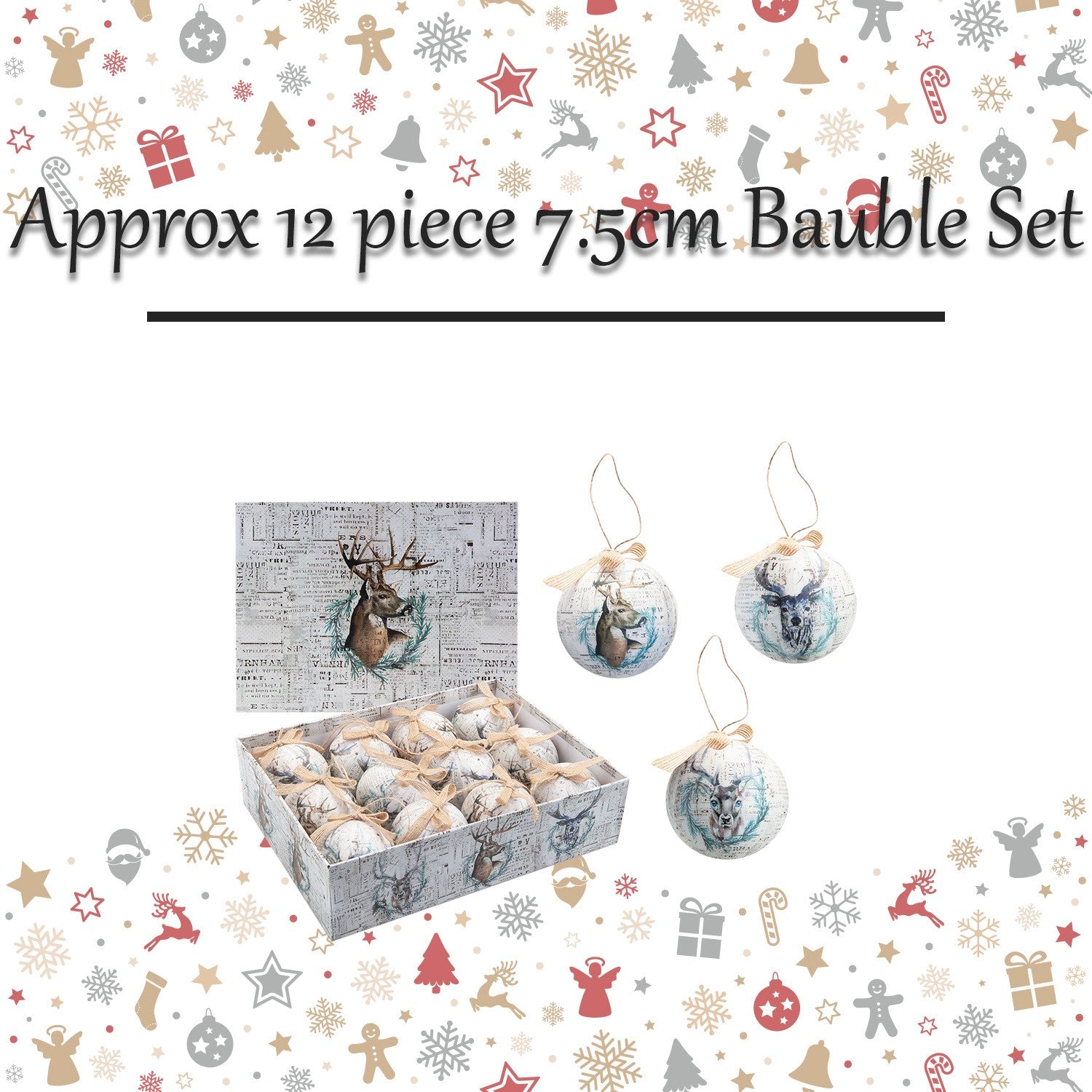 Christmas Bauble Decoration Antique Stag Boxed 12 Piece 7. 5Cm Bauble Set Stag