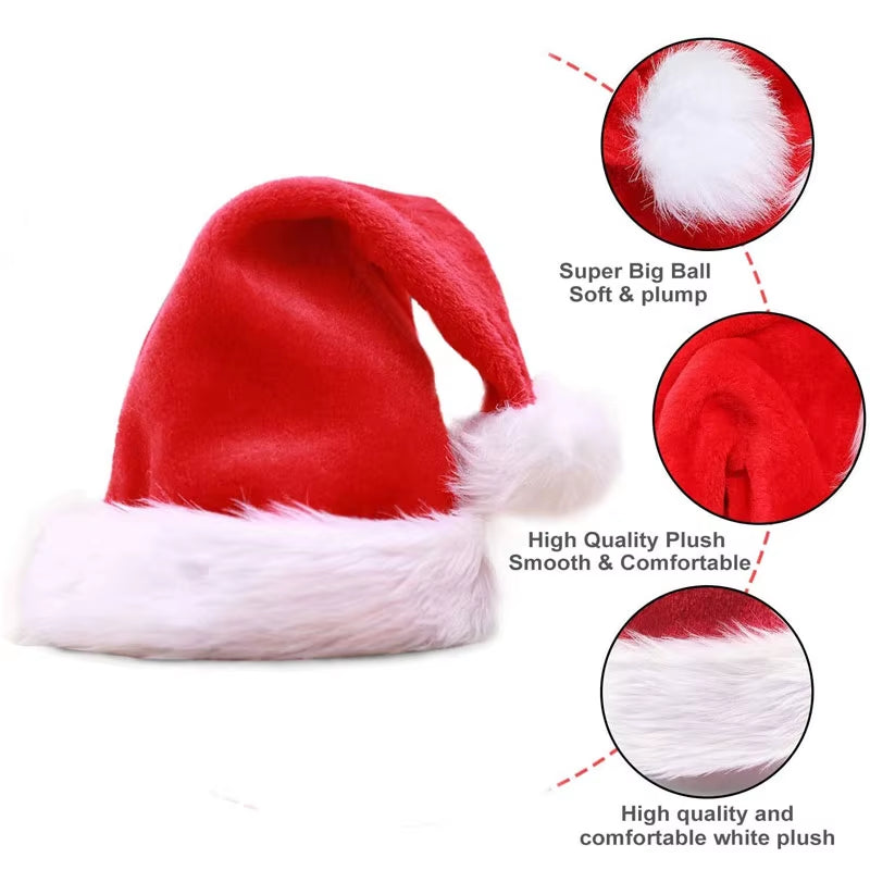 Christmas Santa Hat for Adults and Kids Xmas Holiday Hats Unisex Velvet Red Classic Fur Comfort New Year Festive Party Supplies