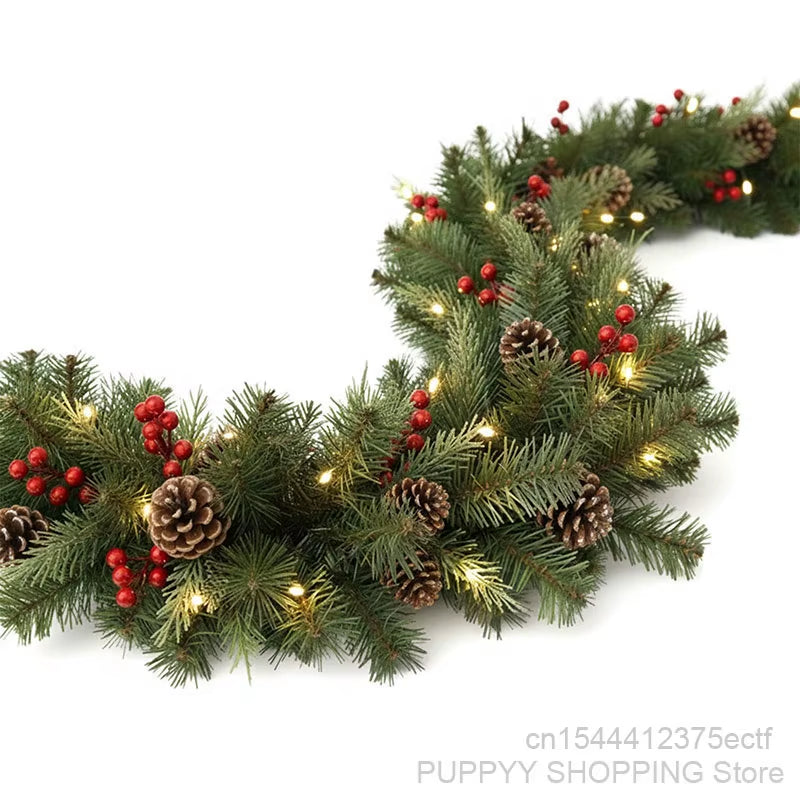 Christmas Garland with Pinecones and Red Berries, 2.7M Artificial Xmas Garlands, Xmas Tree Rattan Banner, Christmas Decorations