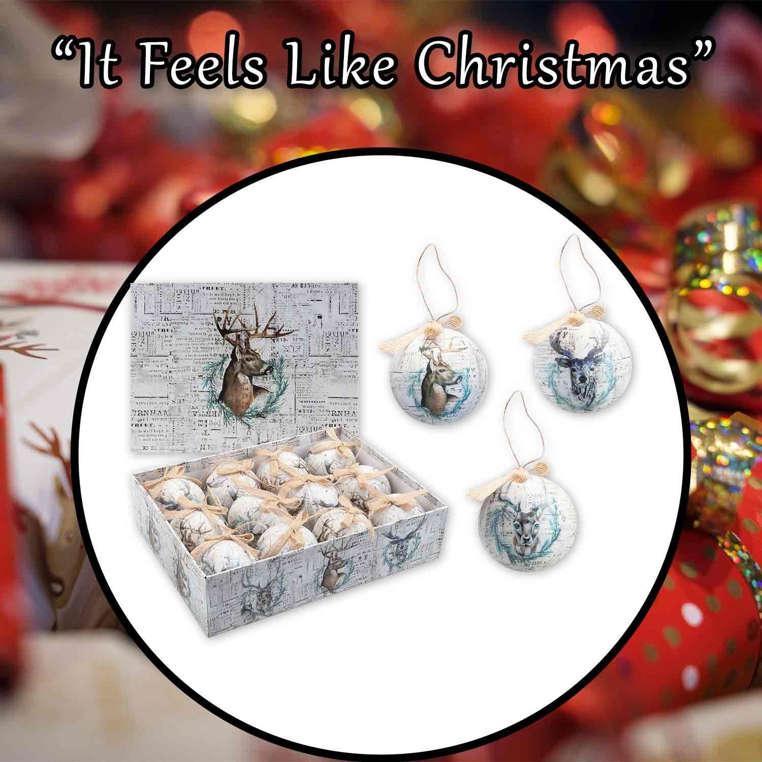 Christmas Bauble Decoration Antique Stag Boxed 12 Piece 7. 5Cm Bauble Set Stag