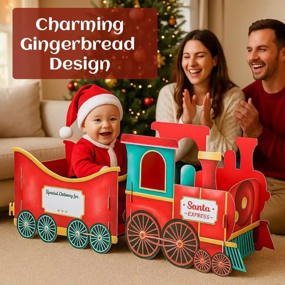 Santa Gift Train,Christmas Train Present, Whimsical Gingerbread-Style Christmas Cardboard Trains,Xmas Decoration Gifts Storage
