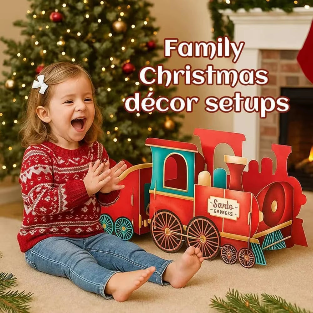 Santa Gift Train,Christmas Train Present, Whimsical Gingerbread-Style Christmas Cardboard Trains,Xmas Decoration Gifts Storage