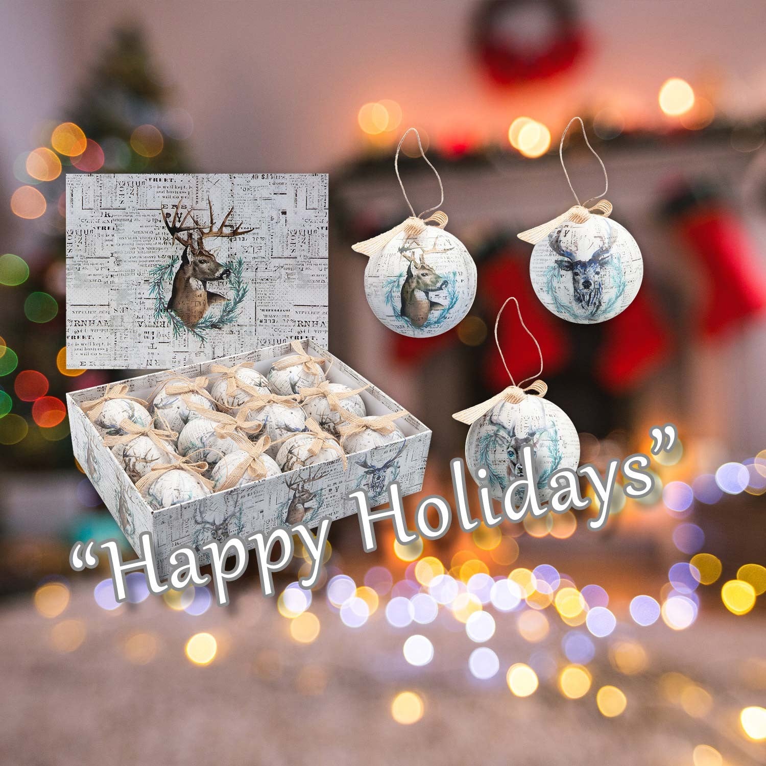 Christmas Bauble Decoration Antique Stag Boxed 12 Piece 7. 5Cm Bauble Set Stag