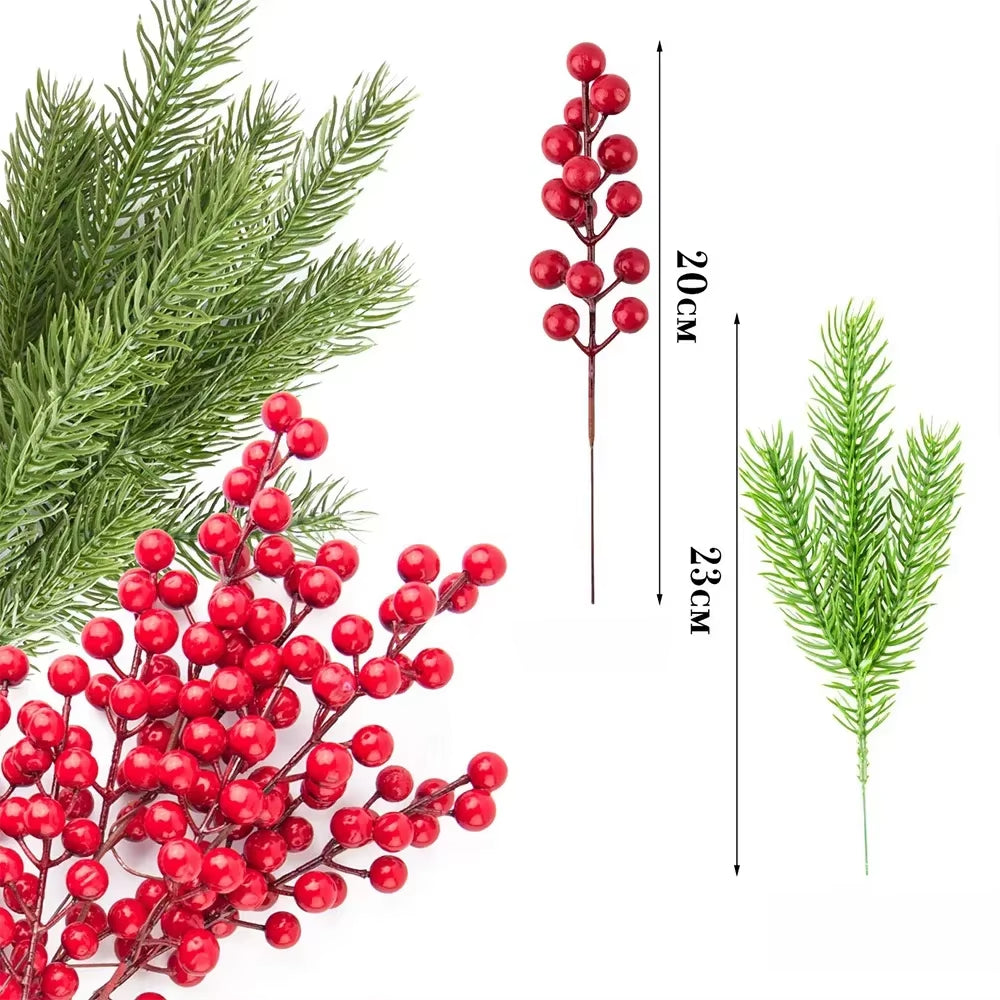 10Pcs Artificial Pine Branches Christmas Holly Red Berries Stems for Xmas Tree DIY Wreath Decorations Christmas Home Decoration