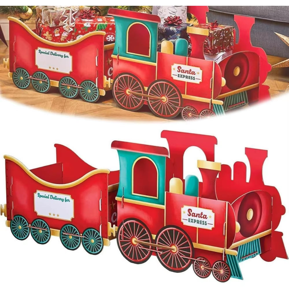 Santa Gift Train,Christmas Train Present, Whimsical Gingerbread-Style Christmas Cardboard Trains,Xmas Decoration Gifts Storage