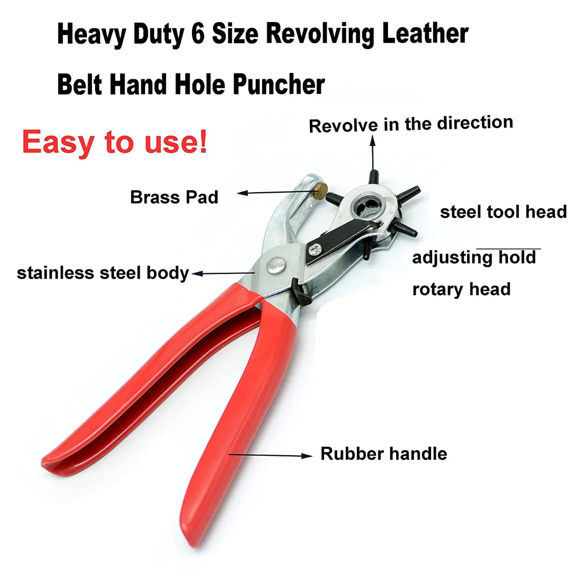 Leather Hole Punch,9" Belt Hole Puncher for Leather Heavy Duty, 6 Size Revolving Leather Belt Hand Hole Puncher