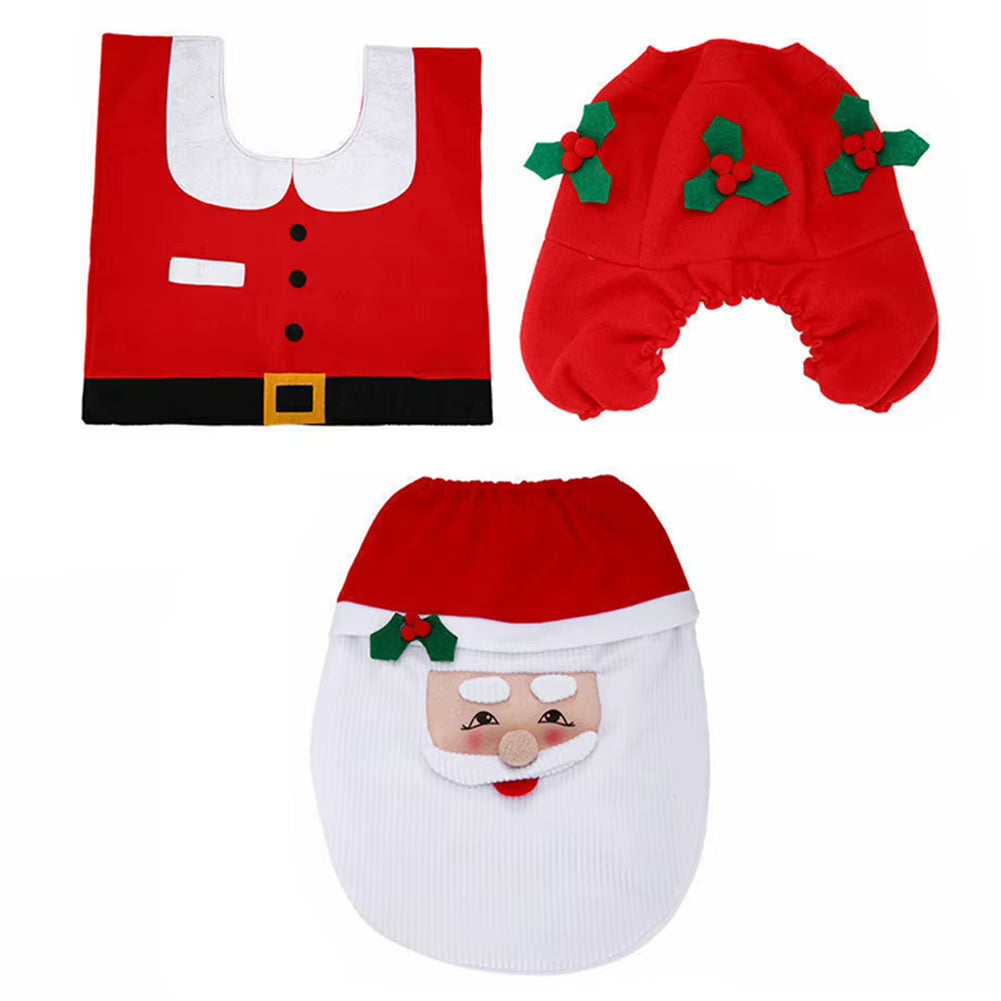 3Pcs Christmas Bathroom Decorations Sets Xmas Supplies Santa Bathroom Set Toilet Seat Cover Rug Bathroom Mat Xmas Home Decor