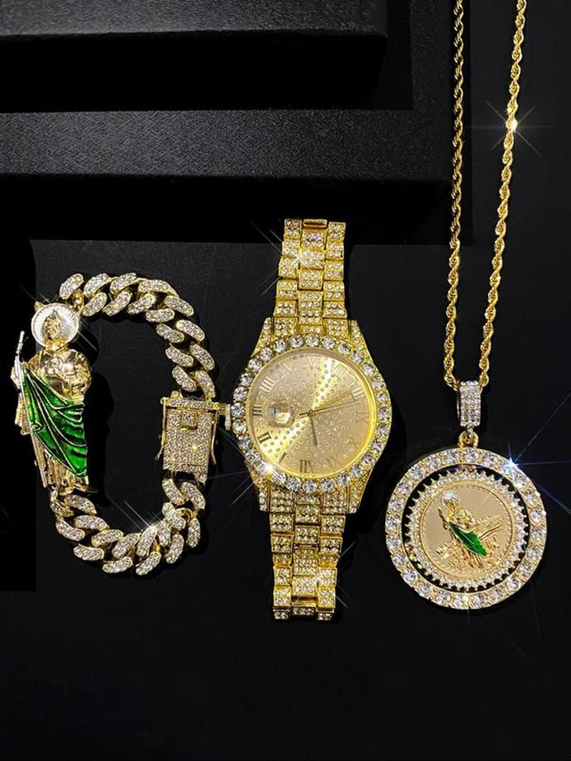 Elevate Your Style with the Luxury Men's Hip Hop Rhinestone Watch Set - Includes Bracelet & Necklace, Perfect for Parties and Daily Wear