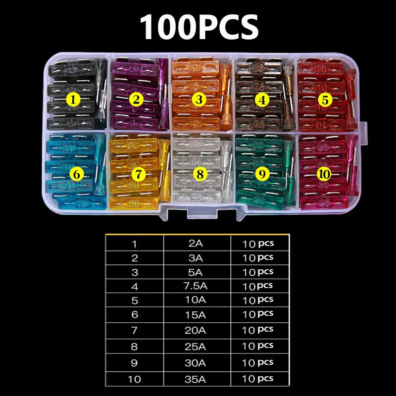 100Pcs 50Pcs Car Fuse Assortment Set Profile Middle Size Blade Type Fuse Auto Car Truck 2-35A Fuse with Box Clip