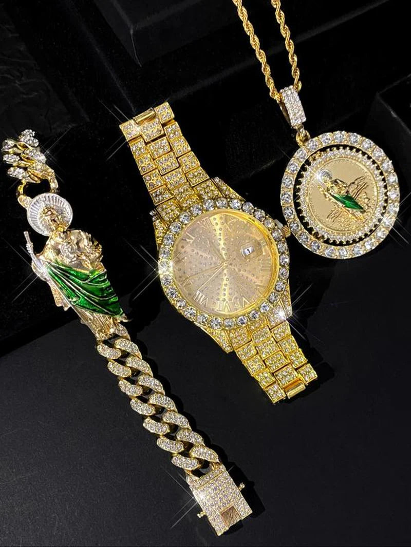 Elevate Your Style with the Luxury Men's Hip Hop Rhinestone Watch Set - Includes Bracelet & Necklace, Perfect for Parties and Daily Wear