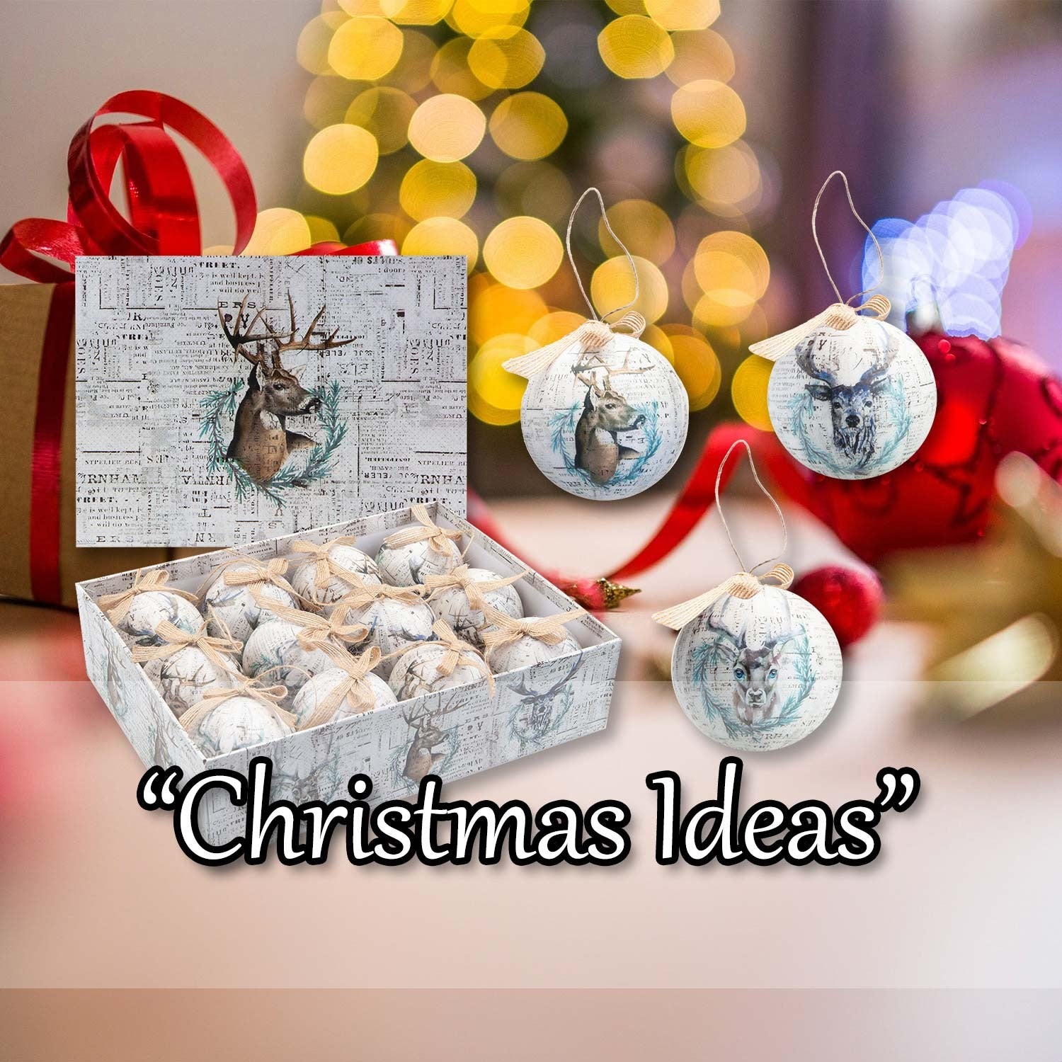 Christmas Bauble Decoration Antique Stag Boxed 12 Piece 7. 5Cm Bauble Set Stag