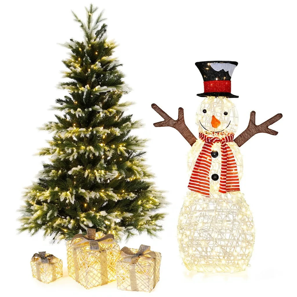 Christmas Wonderland Combo Set: Artificial Xmas Tree + Pre-Lit Snowman + Lighted Gift Boxes
