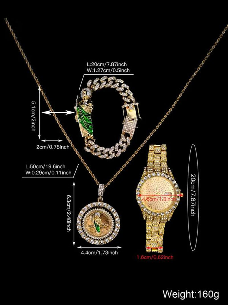 Elevate Your Style with the Luxury Men's Hip Hop Rhinestone Watch Set - Includes Bracelet & Necklace, Perfect for Parties and Daily Wear