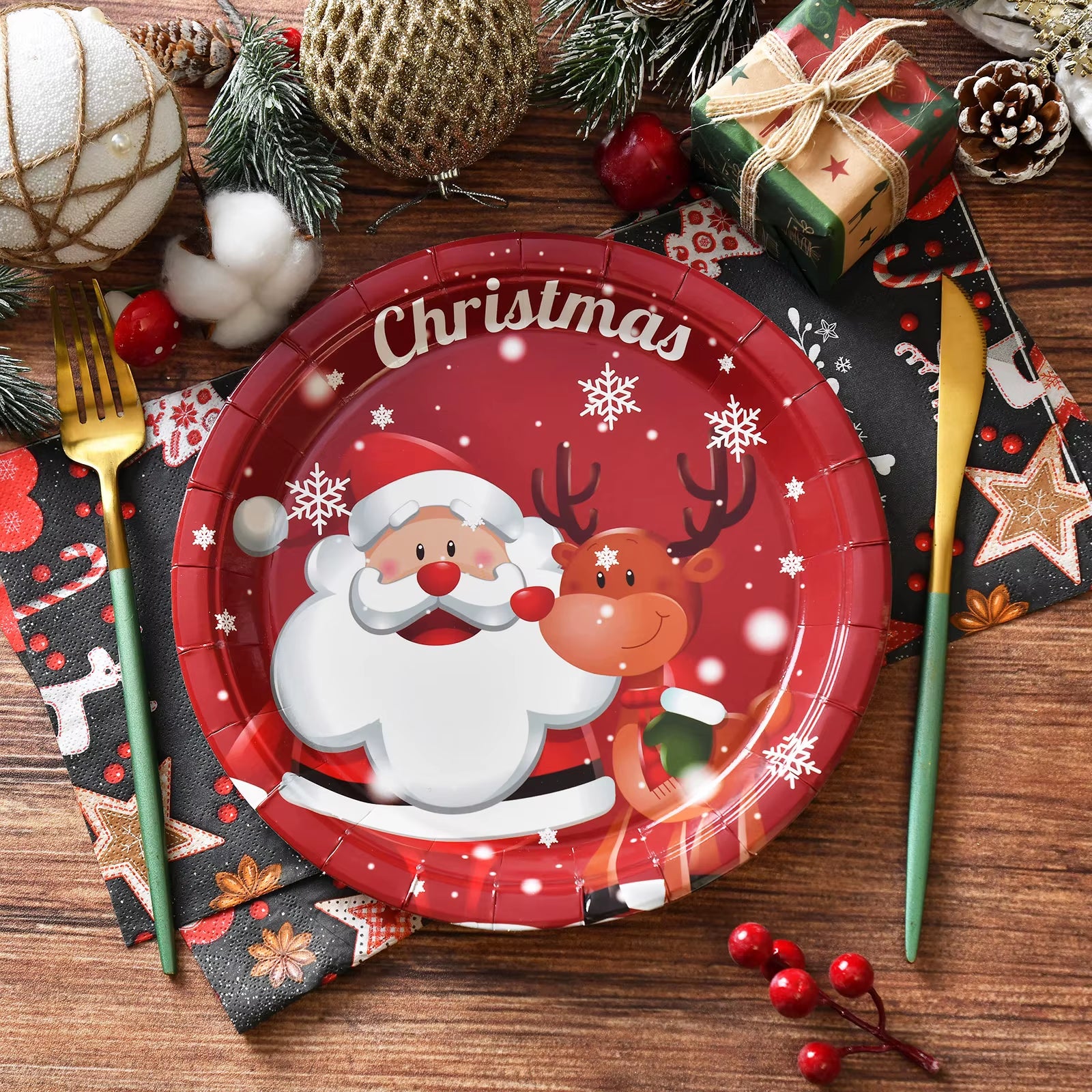 10-50Pcs 9Inch Christmas Disposable Paper Plates Vintage Xmas Party Table Decoration Holiday Party Supplies Dessert/Salad Plates