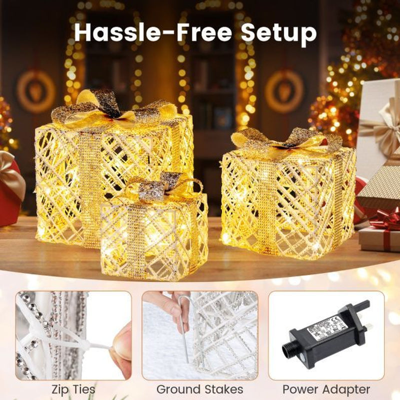 Christmas Wonderland Combo Set: Artificial Xmas Tree + Pre-Lit Snowman + Lighted Gift Boxes