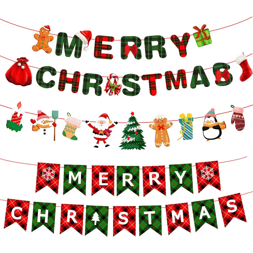 Red and Green Merry Christmas Banner Christmas Sign Garlands Santa Claus Snowman Christmas Party Decorations Xmas Gift New Year