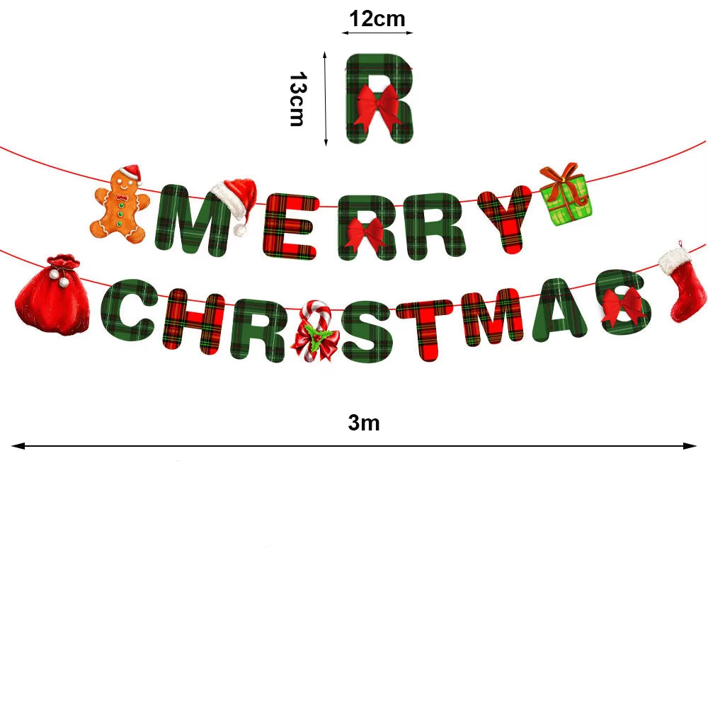 Red and Green Merry Christmas Banner Christmas Sign Garlands Santa Claus Snowman Christmas Party Decorations Xmas Gift New Year