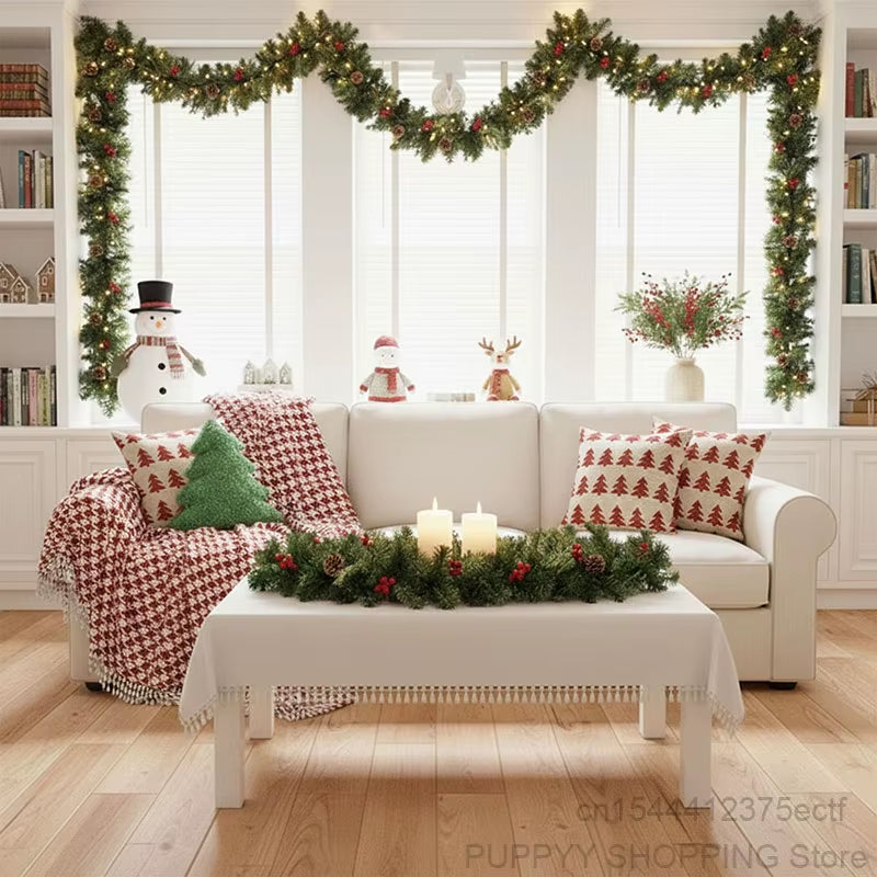 Christmas Garland with Pinecones and Red Berries, 2.7M Artificial Xmas Garlands, Xmas Tree Rattan Banner, Christmas Decorations