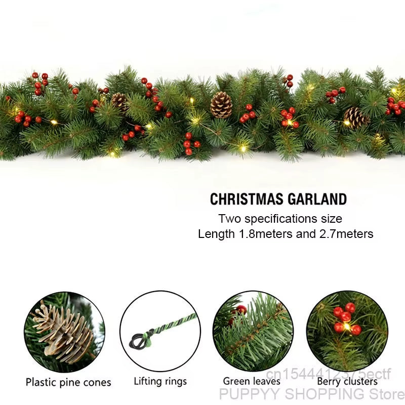 Christmas Garland with Pinecones and Red Berries, 2.7M Artificial Xmas Garlands, Xmas Tree Rattan Banner, Christmas Decorations