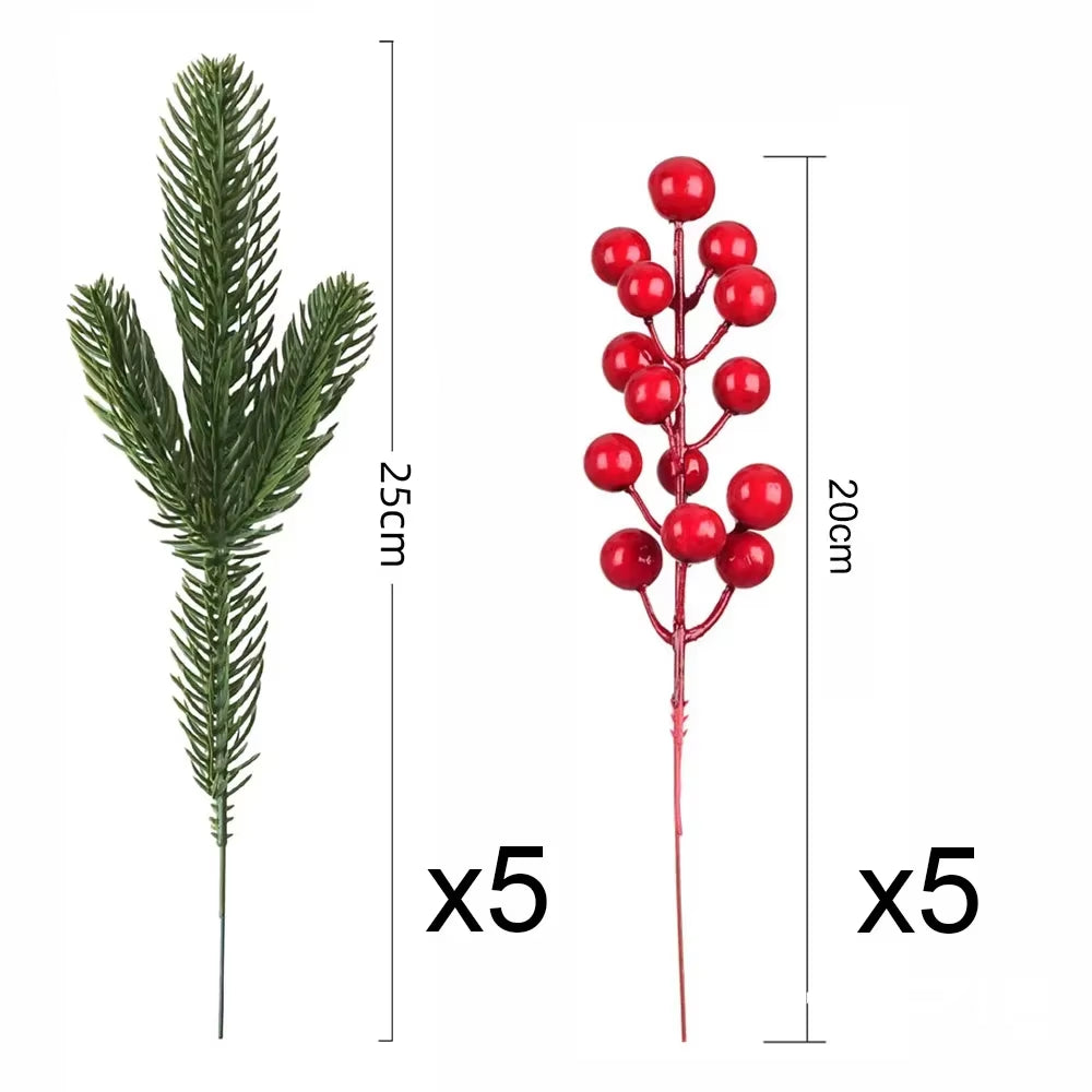 10Pcs Artificial Pine Branches Christmas Holly Red Berries Stems for Xmas Tree DIY Wreath Decorations Christmas Home Decoration