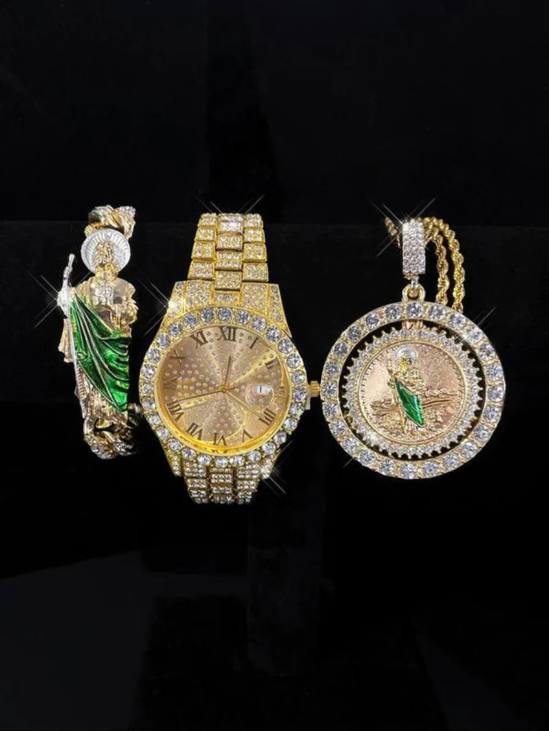 Elevate Your Style with the Luxury Men's Hip Hop Rhinestone Watch Set - Includes Bracelet & Necklace, Perfect for Parties and Daily Wear