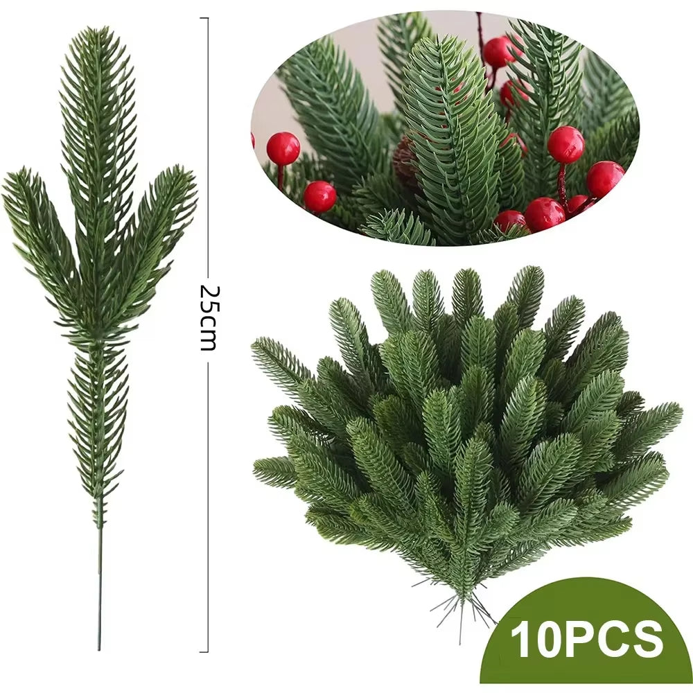 10Pcs Artificial Pine Branches Christmas Holly Red Berries Stems for Xmas Tree DIY Wreath Decorations Christmas Home Decoration