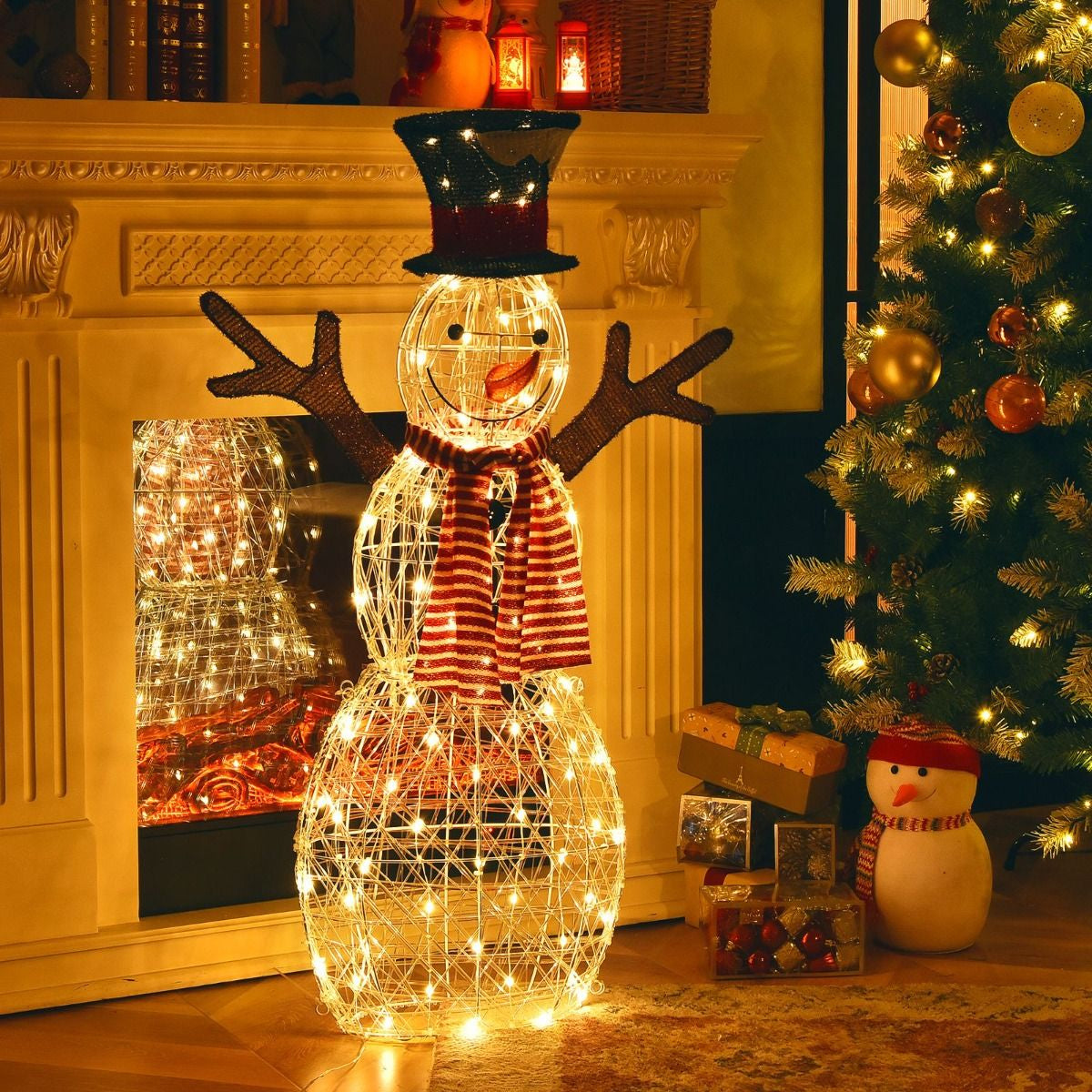 Christmas Wonderland Combo Set: Artificial Xmas Tree + Pre-Lit Snowman + Lighted Gift Boxes