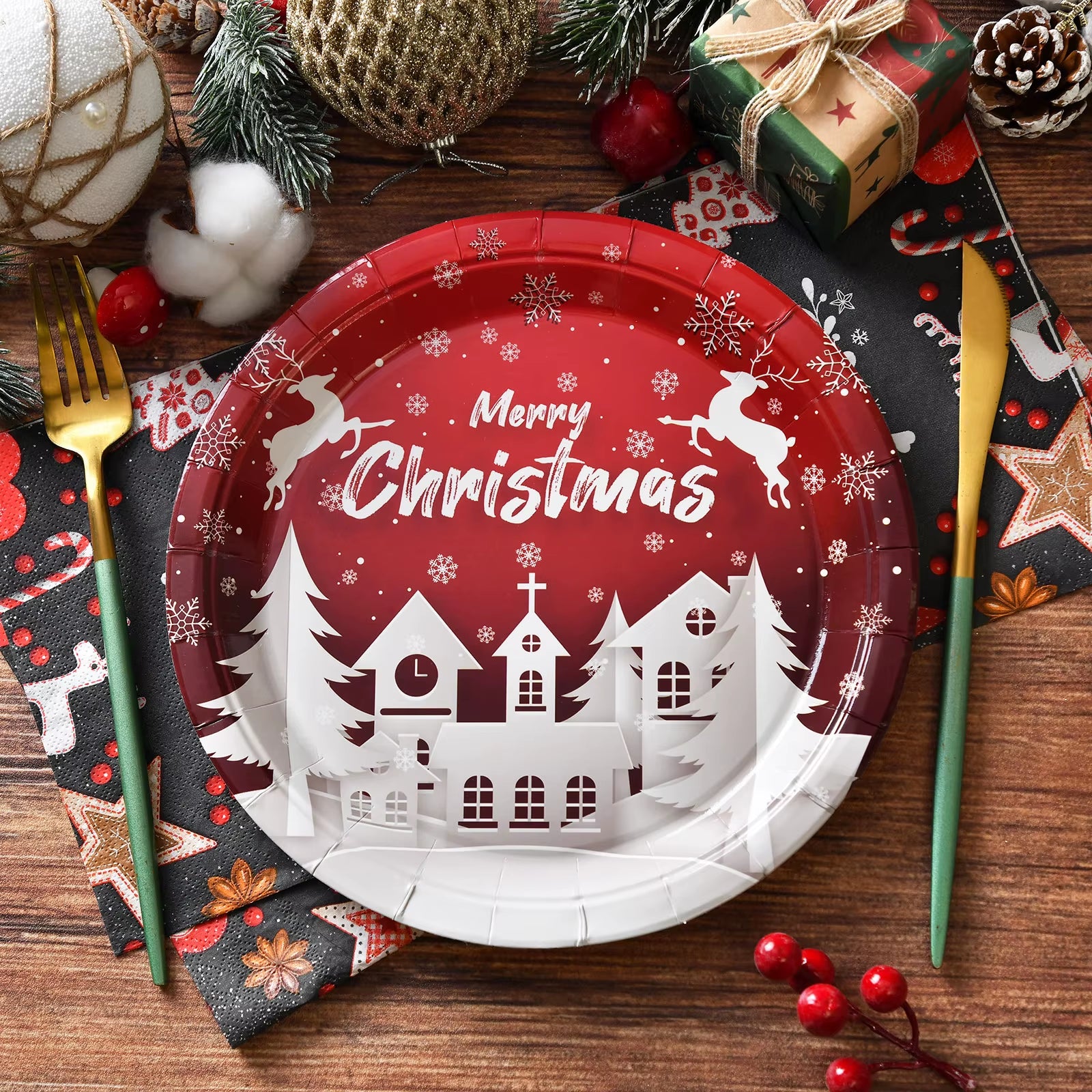 10-50Pcs 9Inch Christmas Disposable Paper Plates Vintage Xmas Party Table Decoration Holiday Party Supplies Dessert/Salad Plates