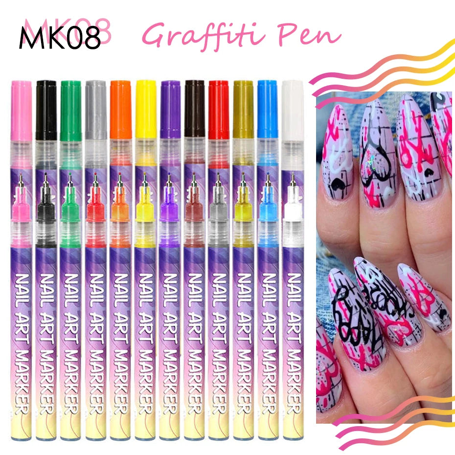 12 Colors Y2K Graffiti Nail Polish Pen Acrylic Painting Pencil.