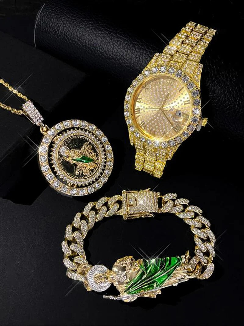 Elevate Your Style with the Luxury Men's Hip Hop Rhinestone Watch Set - Includes Bracelet & Necklace, Perfect for Parties and Daily Wear