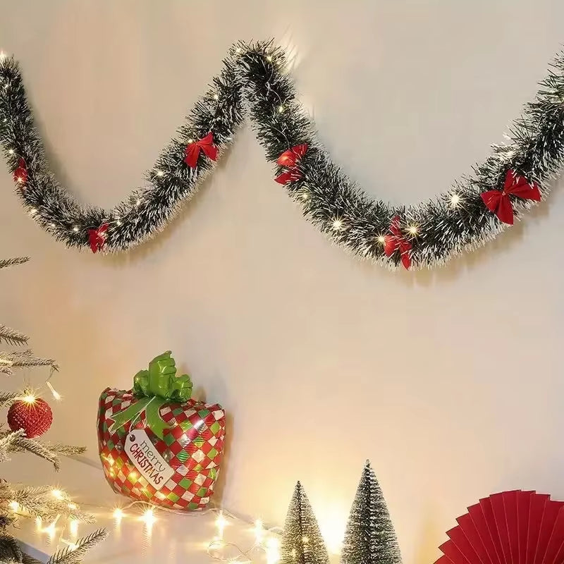 Christmas Tinsel Garland Artificial Christmas Garland with LED Lights Xmas Metallic Twist Hanging Garland Fireplace 2M