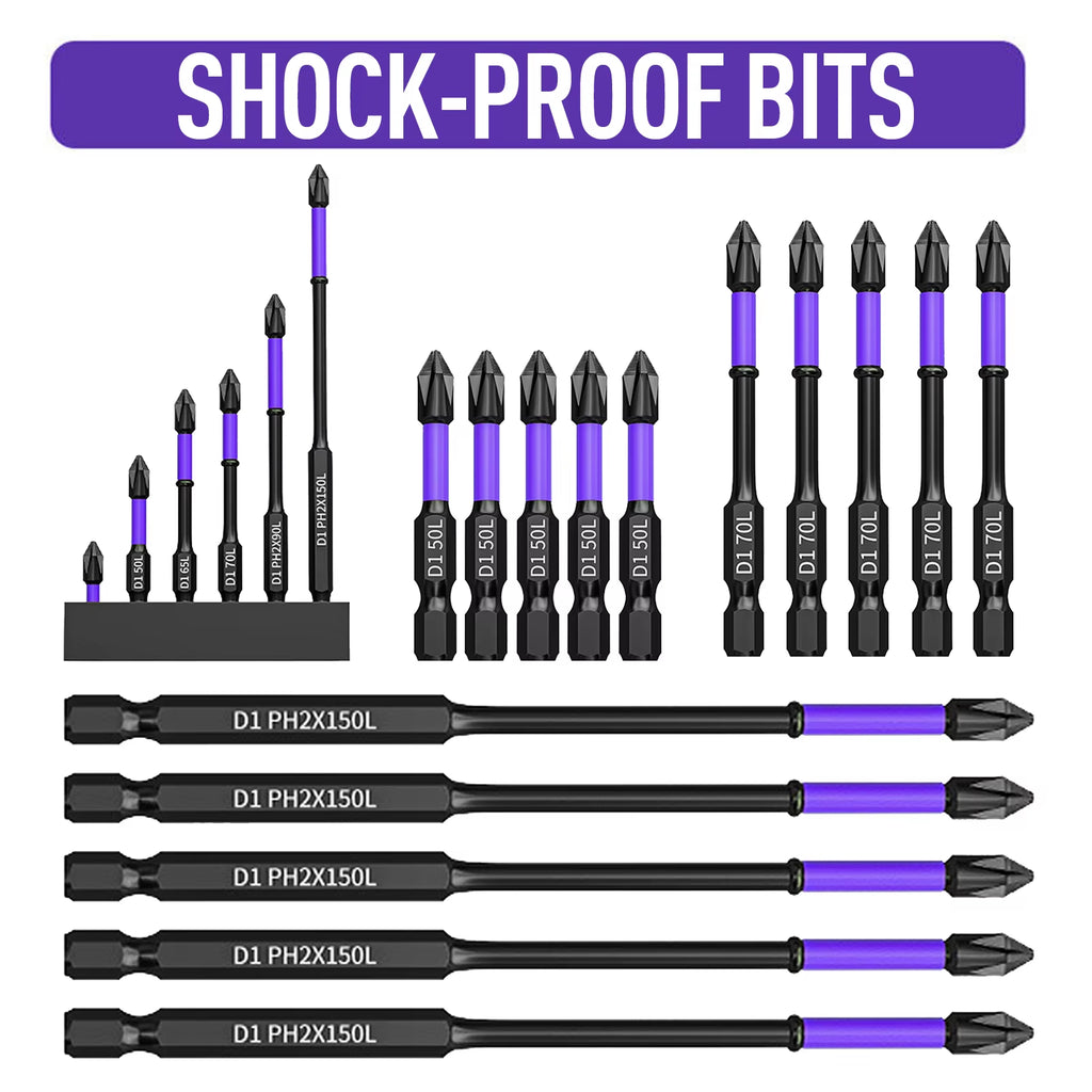 D1 Anti-Slip and Shock-Proof Bits Screwdriver Bits,High Hardness Strong Magnetic 25/50/65/70/90/150Mm PH2 Screwdriver Set