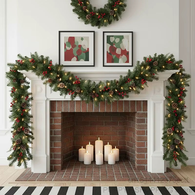 Christmas Garland with Pinecones and Red Berries, 2.7M Artificial Xmas Garlands, Xmas Tree Rattan Banner, Christmas Decorations