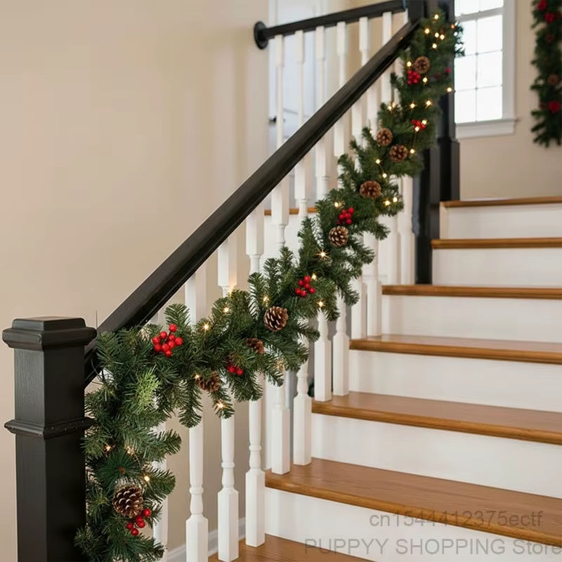 Christmas Garland with Pinecones and Red Berries, 2.7M Artificial Xmas Garlands, Xmas Tree Rattan Banner, Christmas Decorations